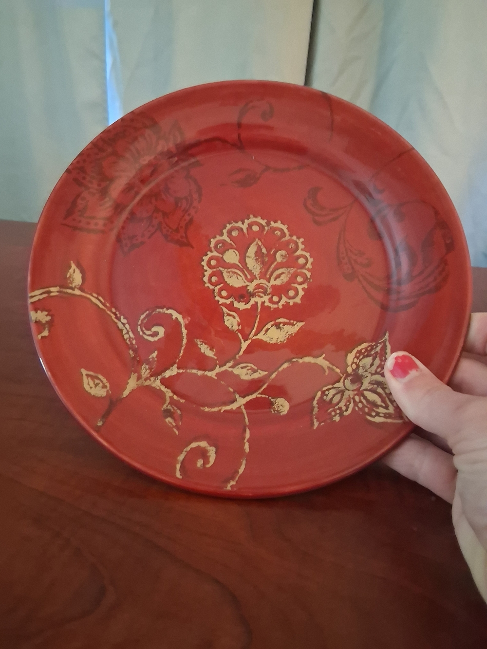Pier 1 Imports Hand-Painted Ironstone Plate with Red Rim
